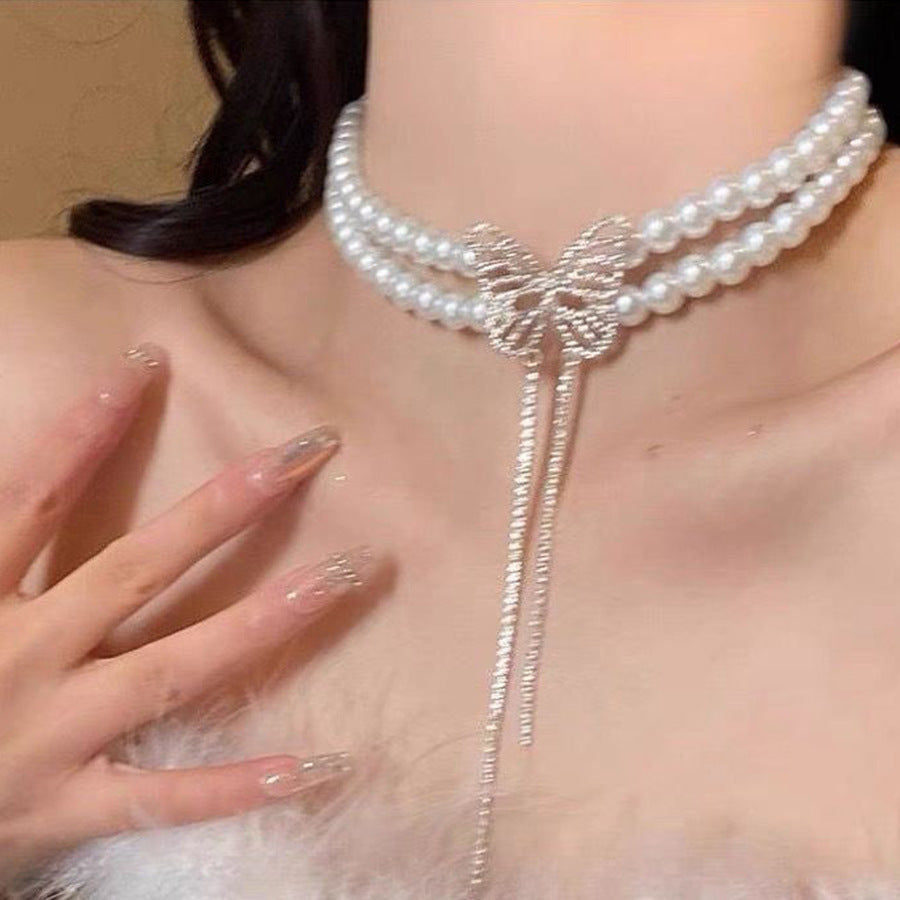 Rhinestone & Pearl Double-Layer Tassel Necklace – Elegant Layered Statement Jewelry