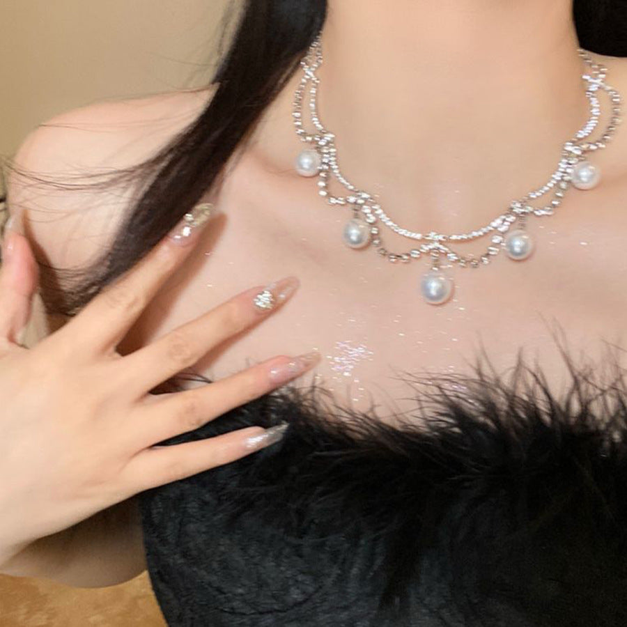 Rhinestone & Pearl Double-Layer Tassel Necklace – Elegant Layered Statement Jewelry