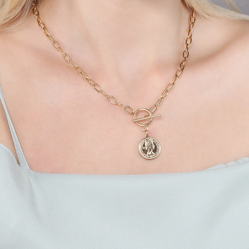 Women's Coin Necklace – Round Beauty Head Pendant with OT Buckle Clavicle Chain