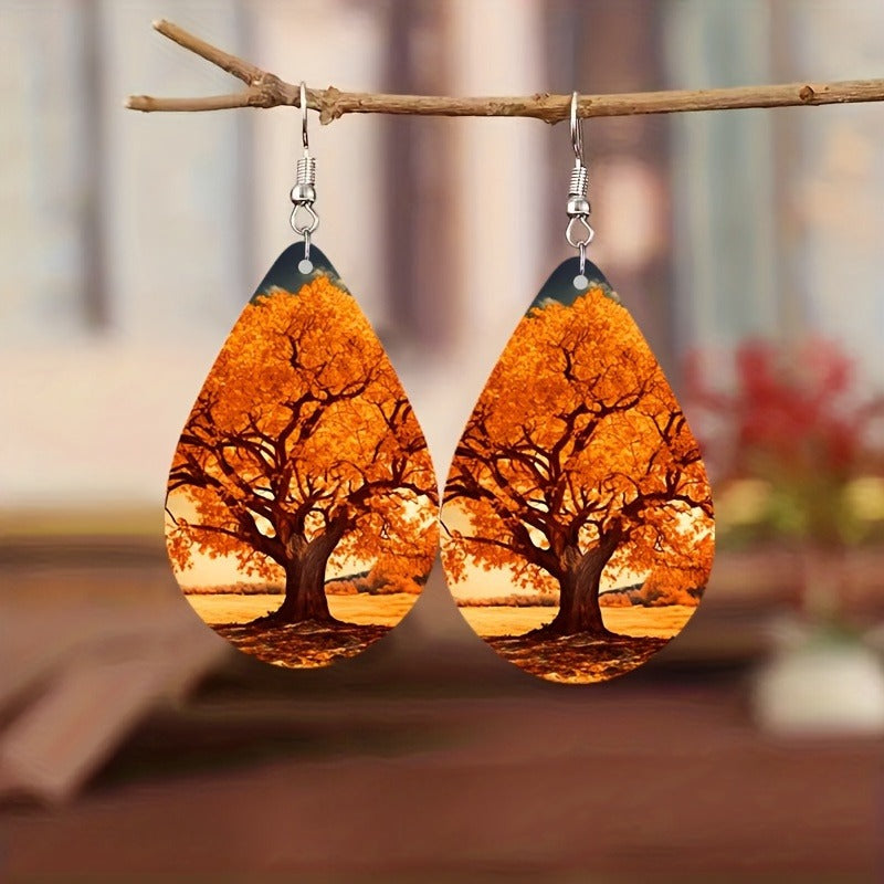 Double-sided Pattern Green Weeping Willow Wooden Water Drop Earrings