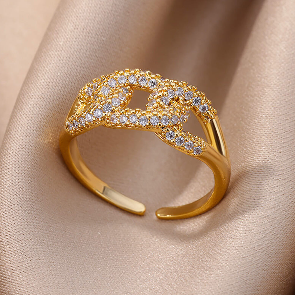 18K Gold-Plated Full Diamond Open Ring — Colorfast Titanium Steel