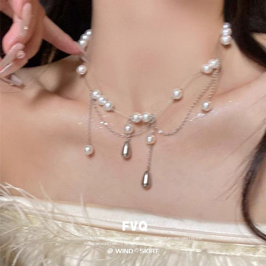 Rhinestone & Pearl Double-Layer Tassel Necklace – Elegant Layered Statement Jewelry