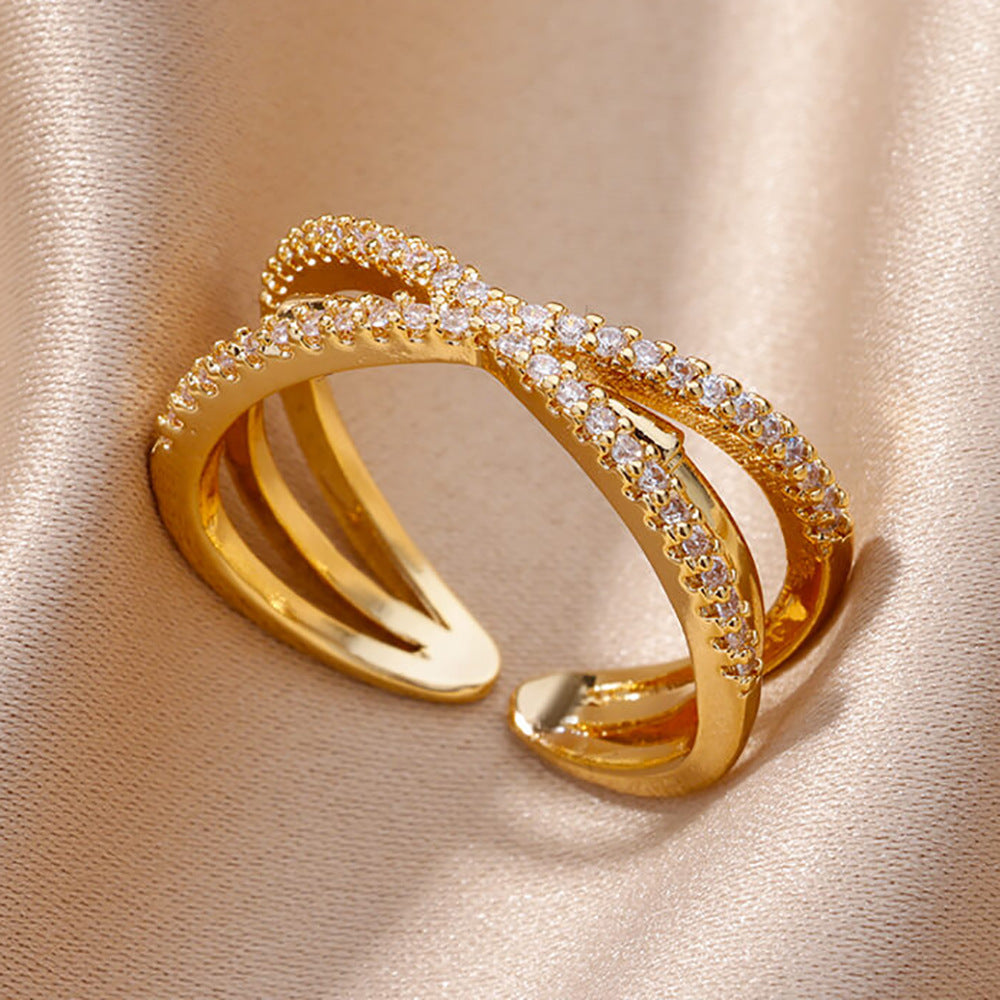 18K Gold-Plated Full Diamond Open Ring — Colorfast Titanium Steel