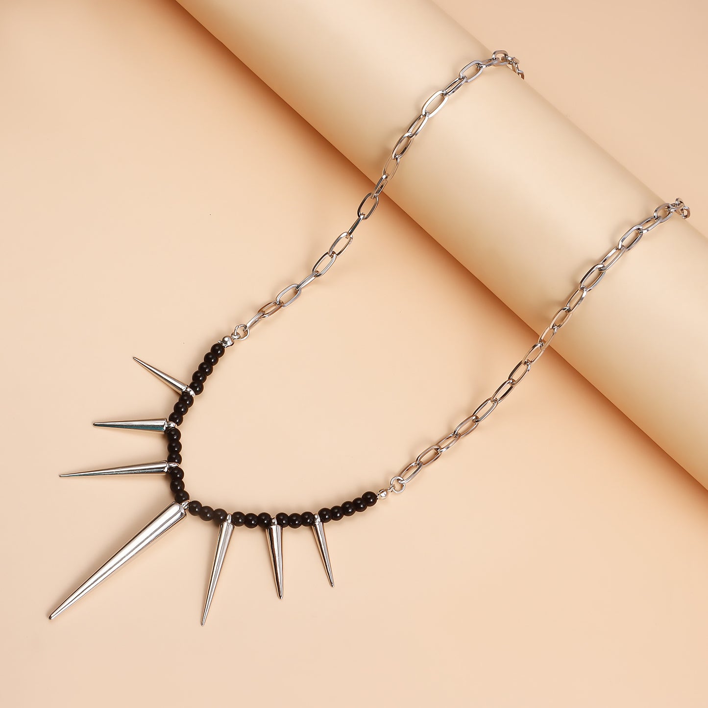 Punk Black Beaded Chain Necklace – Stitching Style Statement Jewelry