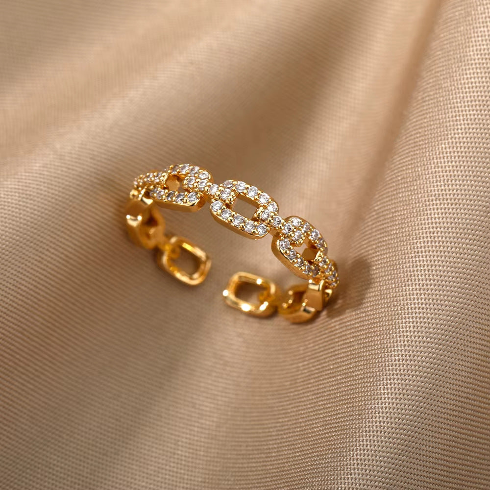 18K Gold-Plated Full Diamond Open Ring — Colorfast Titanium Steel