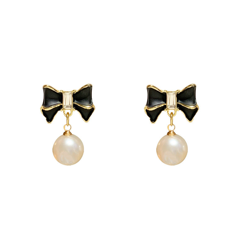 Women's Niche Black Bow Pearl Stud Earrings – Elegant & Unique Design