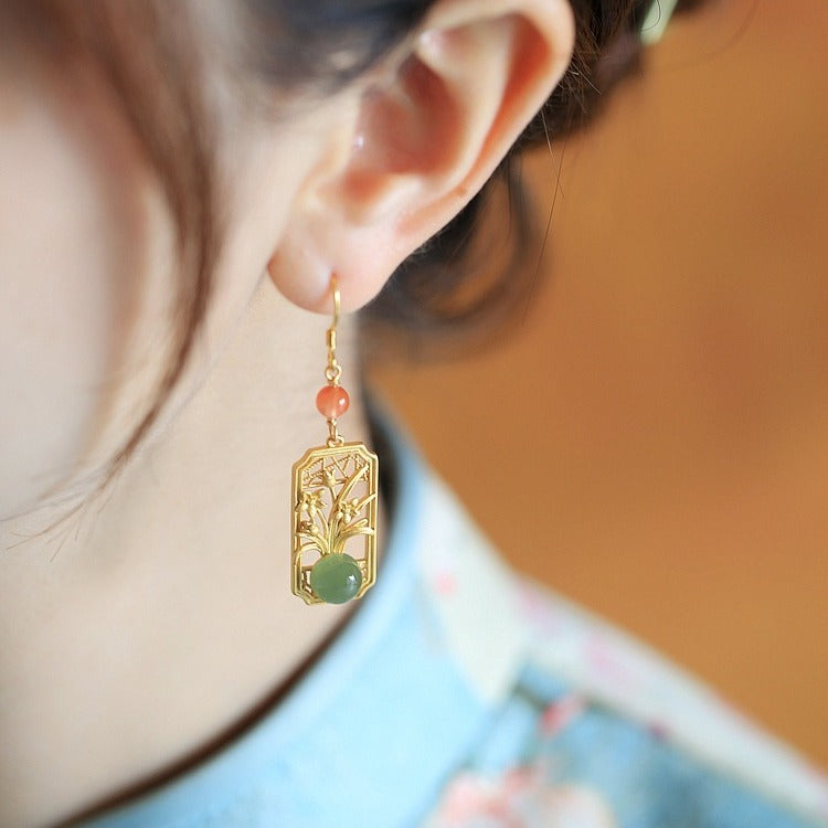 Sterling Silver Retro Earrings with Ancient Gold Inlay & Hetian Jade – National Fashion Style
