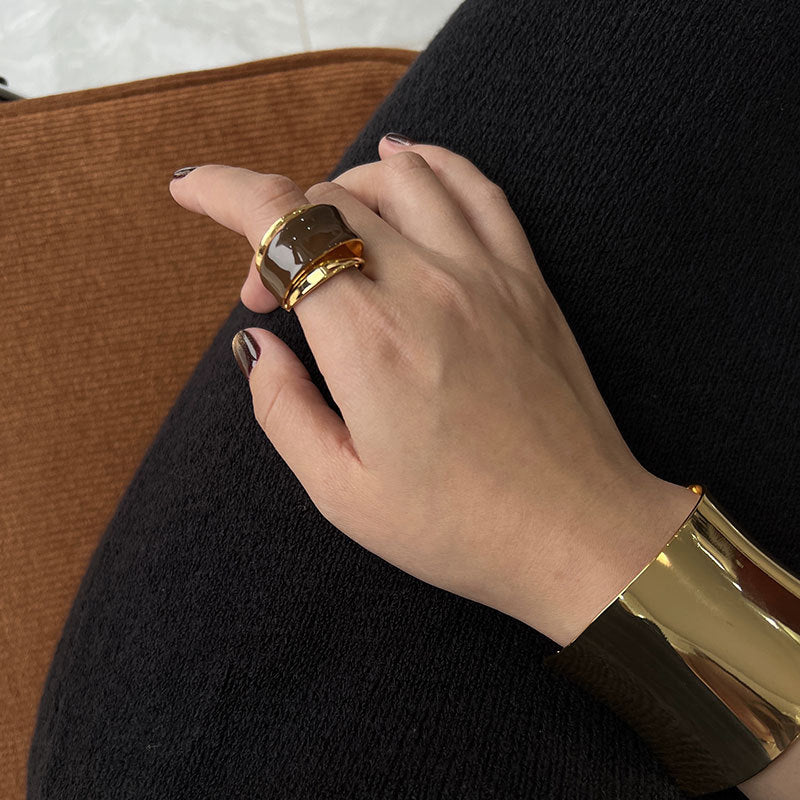 Maillard Style Double-Layer Open Ring – Chocolate Drip Enamel Metal Design