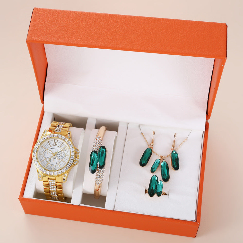Green Steel Belt Quartz Watch, Ring, Necklace, and Earrings, Suit