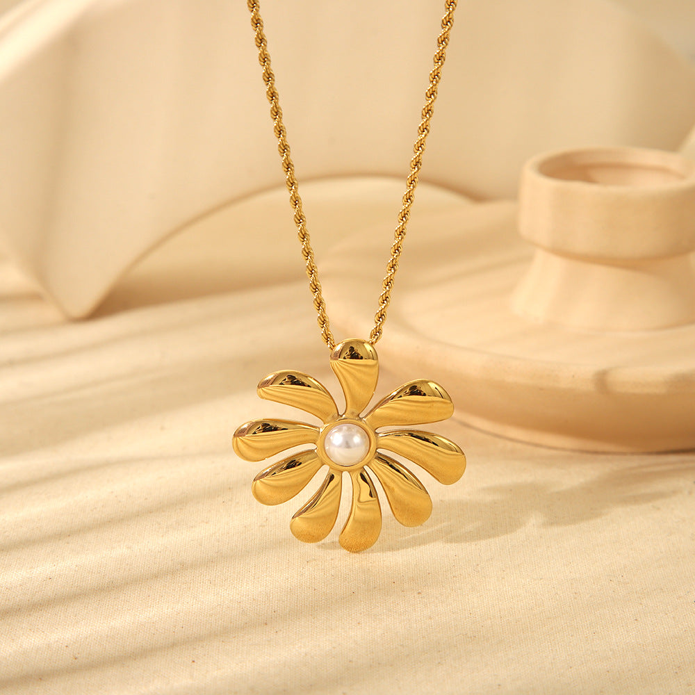 European & American INS Style Sunflower Pearl Necklace & Earrings Set – Fine Cast Stainless Steel Jewelry