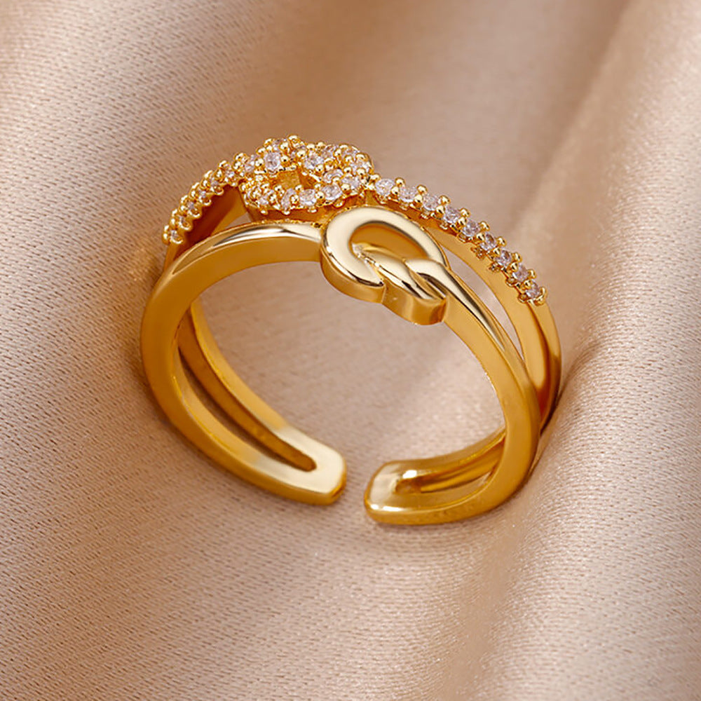 18K Gold-Plated Full Diamond Open Ring — Colorfast Titanium Steel