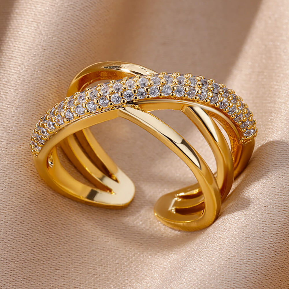18K Gold-Plated Full Diamond Open Ring — Colorfast Titanium Steel