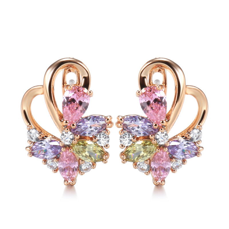 Rose Gold Colorful Zircon Ear Clip & Stud Earrings for Women