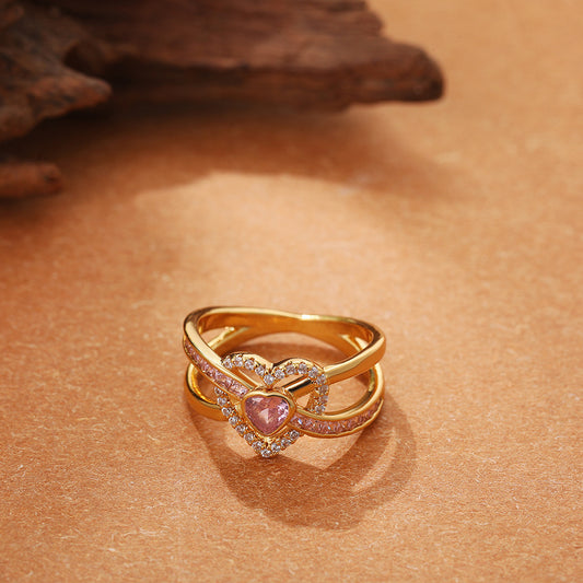 18K Gold Heart Zircon Ring — Cross Border Style