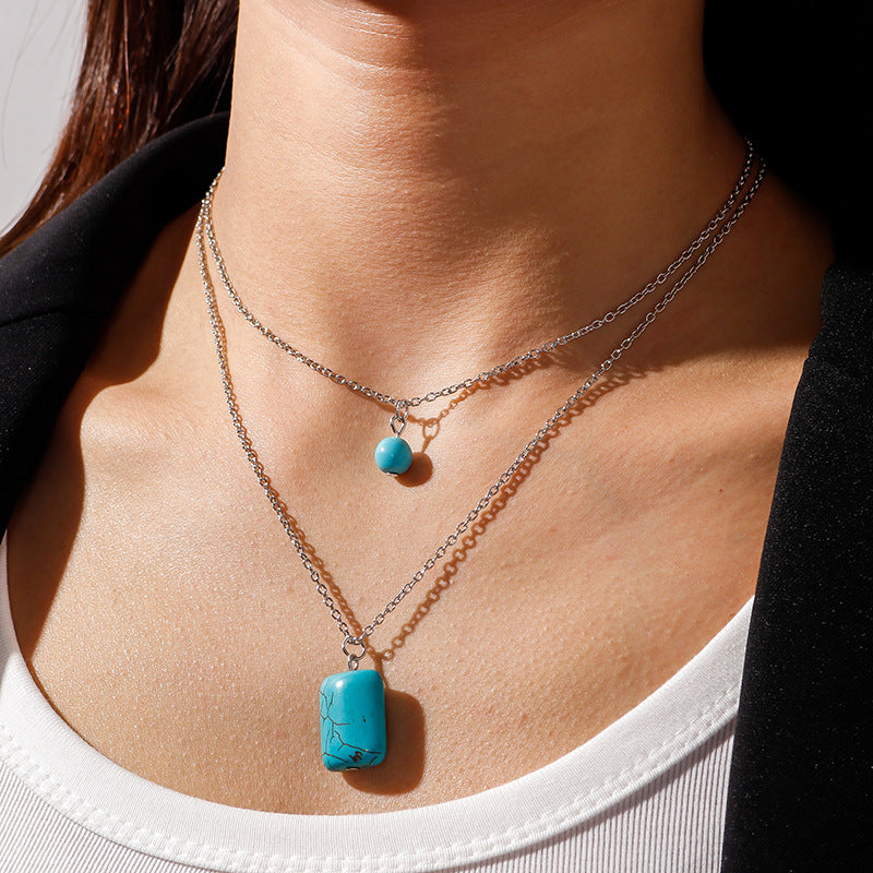 Turquoise Double-Layer Cylindrical Pendant Necklace