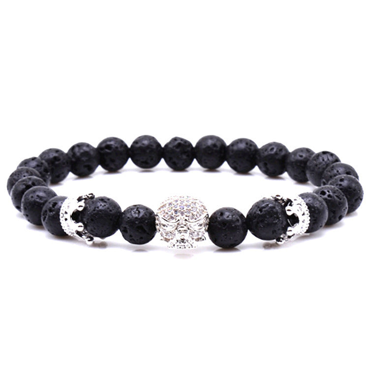 Volcanic Rock Beaded Bracelet with Crown and Zircon