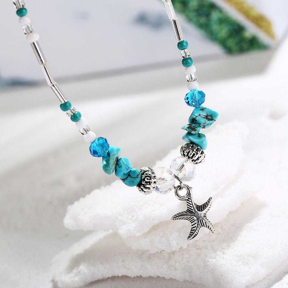 Starfish Pendant Anklet with Hand-Woven Rice Beads – White K Finish