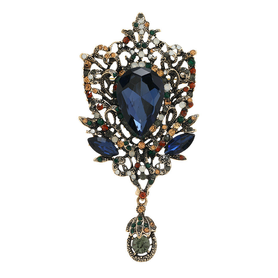 Retro Crystal Heart Brooch with Ink Blue Teardrop – Unisex Statement Accessory