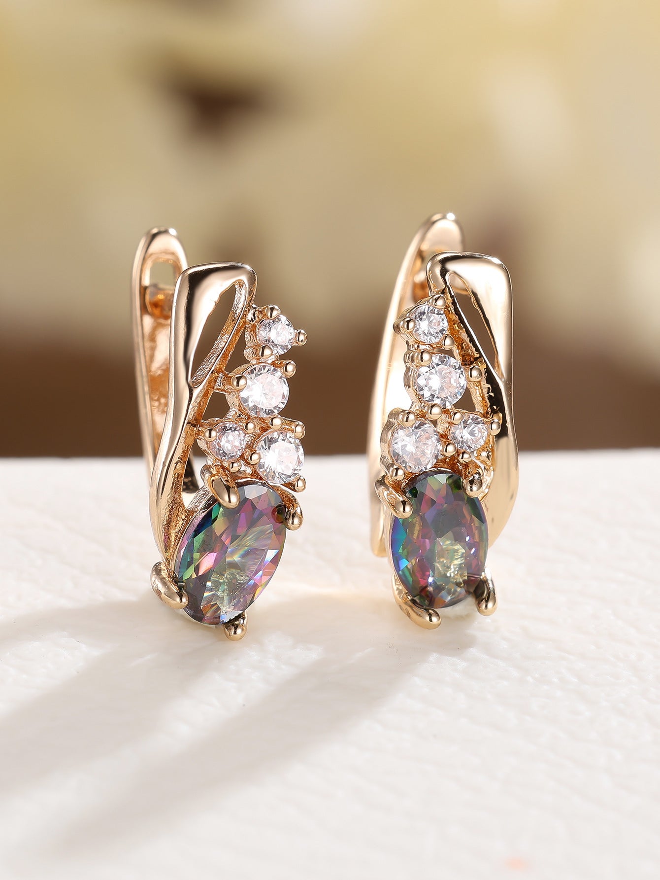 Champagne Gold Oval Crystal Earrings with Four Small Round Diamonds