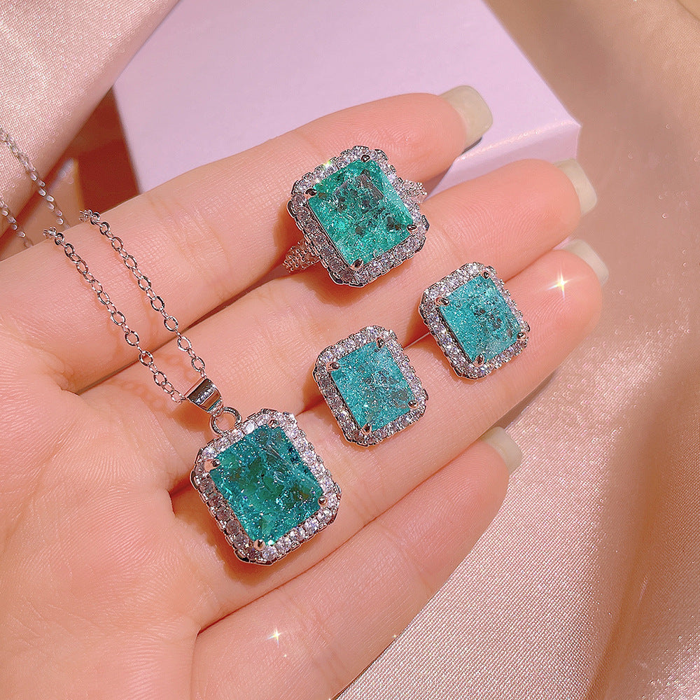 Simulated Paraiba Ring, Ear Studs & Necklace Set – Vibrant Fashion Jewelry