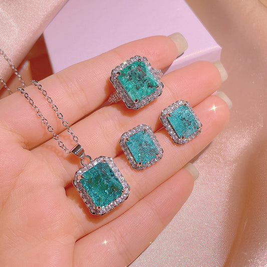 Simulated Paraiba Ring, Ear Studs & Necklace Set – Vibrant Fashion Jewelry