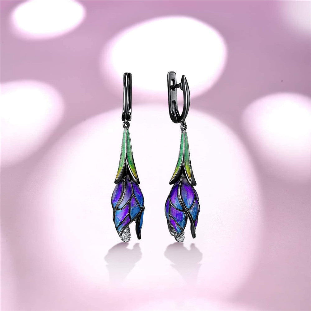 Silver-Plated Black Gold Diamond Enamel Tulip Earrings