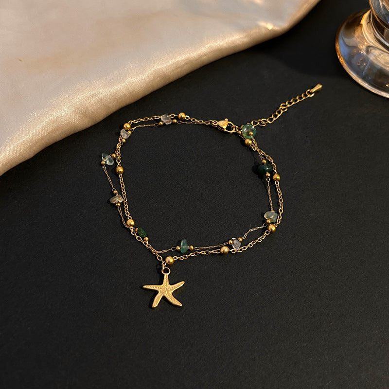Blue Natural Stone Titanium Steel Anklet – Bohemian Style for Women