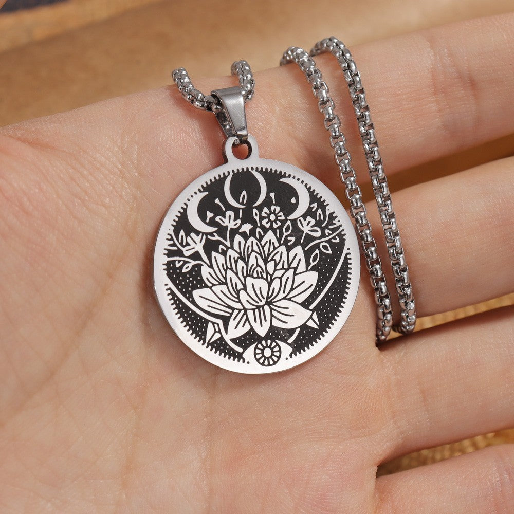 Flower & Moon Pattern Titanium Steel Pendant Necklace