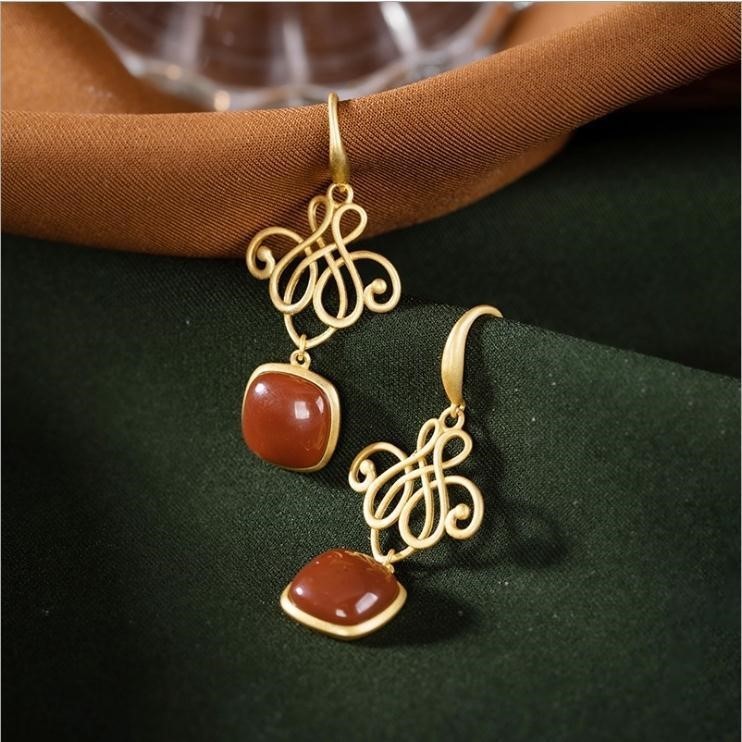 S925 Silver Red Square Lucky Knot Earrings for Women