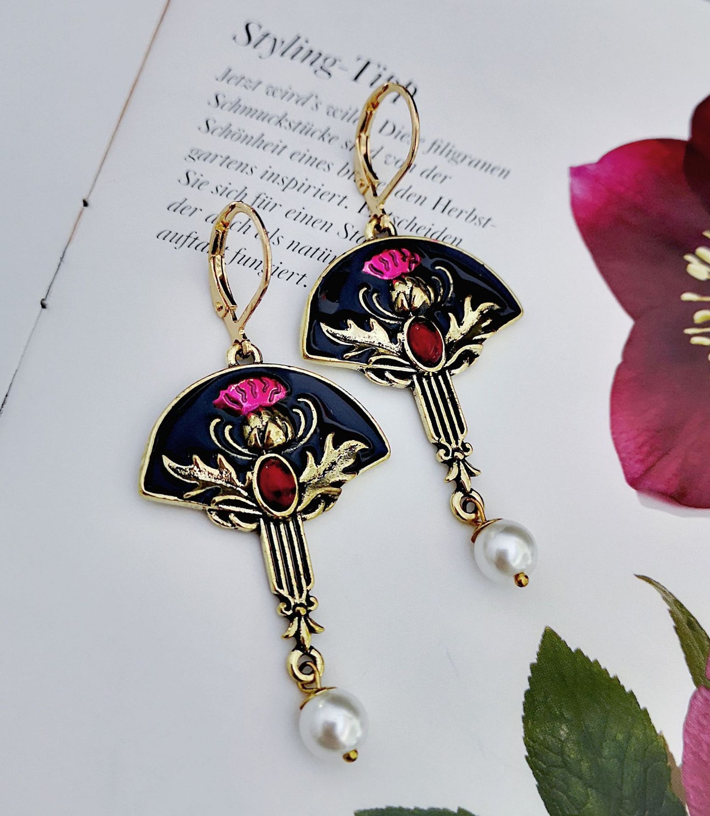 Purplish Red Flower & Pearl Earrings – Elegant Women's Fashion Jewelry