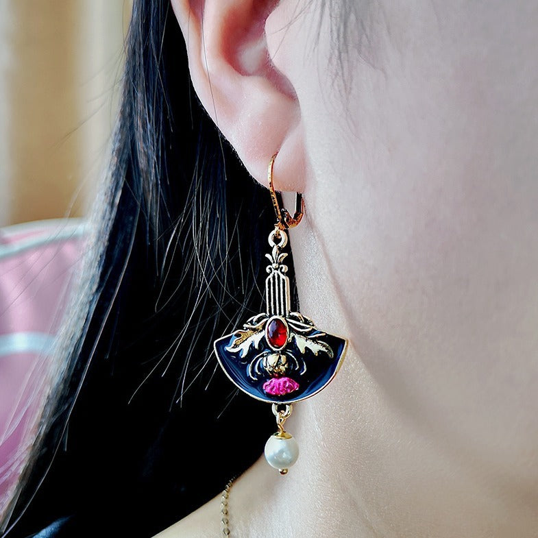 Purplish Red Flower & Pearl Earrings – Elegant Women's Fashion Jewelry