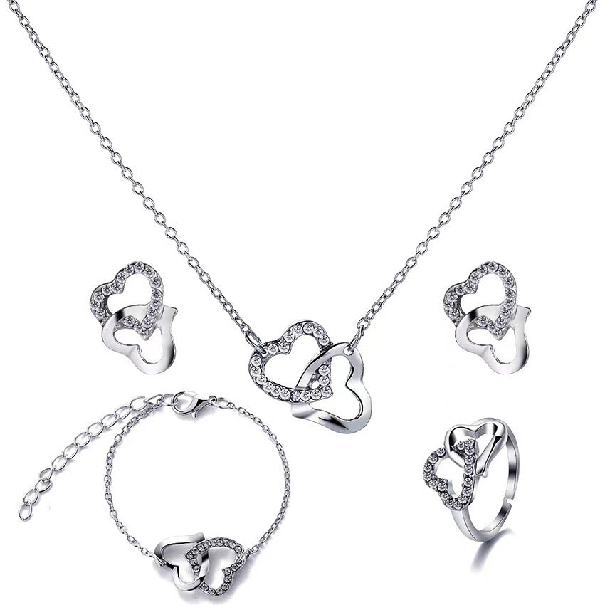 Butterfly Emblem Jewelry Set – Gold-Colored Necklace, Earrings, Bracelet & Ring with Imitation Pearls