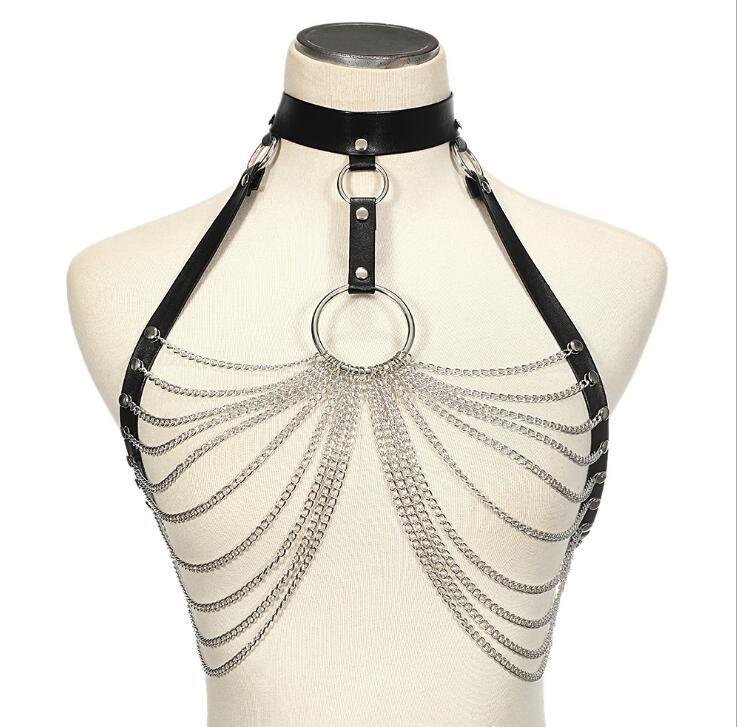 PU Leather & Metal Chain Accessory – Edgy Fashion Jewelry with Stitch Detail