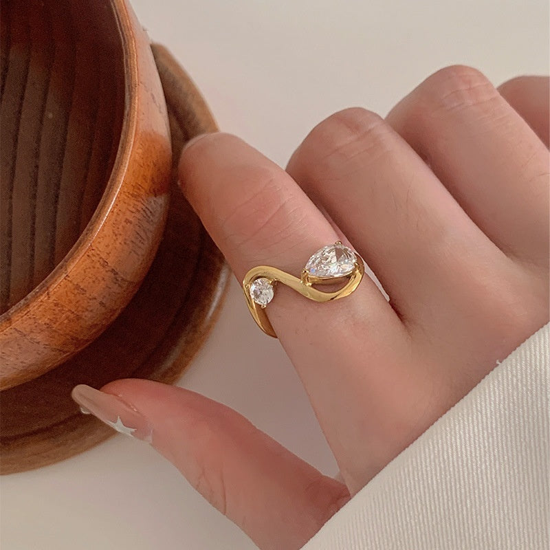 Curved Geometric Line Stainless Steel Zircon Ring for Women – Modern Drop Design