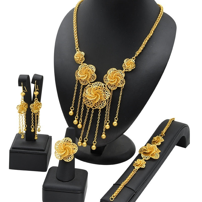 Floral Jewelry Set — Gold-Plated Necklace, Earrings, Ring & Bracelet