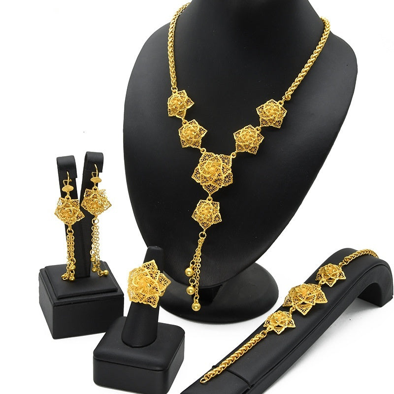 Floral Jewelry Set — Gold-Plated Necklace, Earrings, Ring & Bracelet