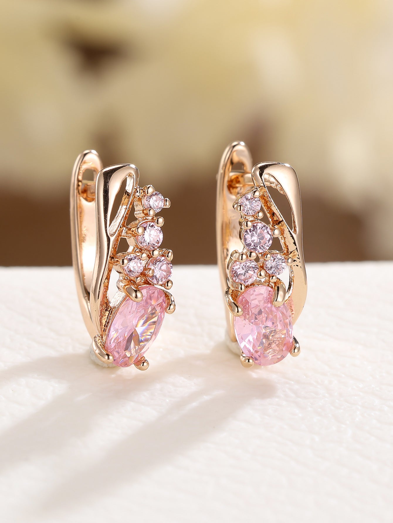 Champagne Gold Oval Crystal Earrings with Four Small Round Diamonds