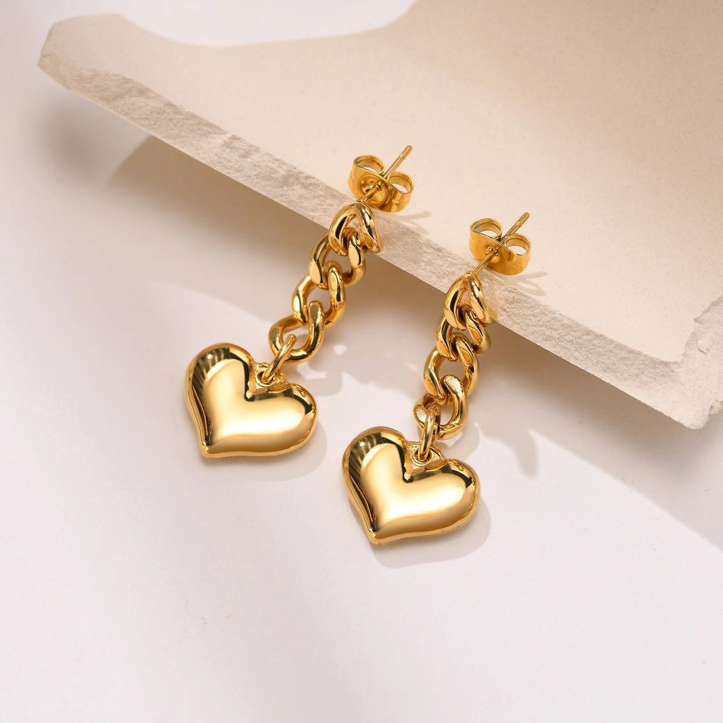 Heart Chain Geometric Stainless Steel Earrings – Modern Metal Jewelry