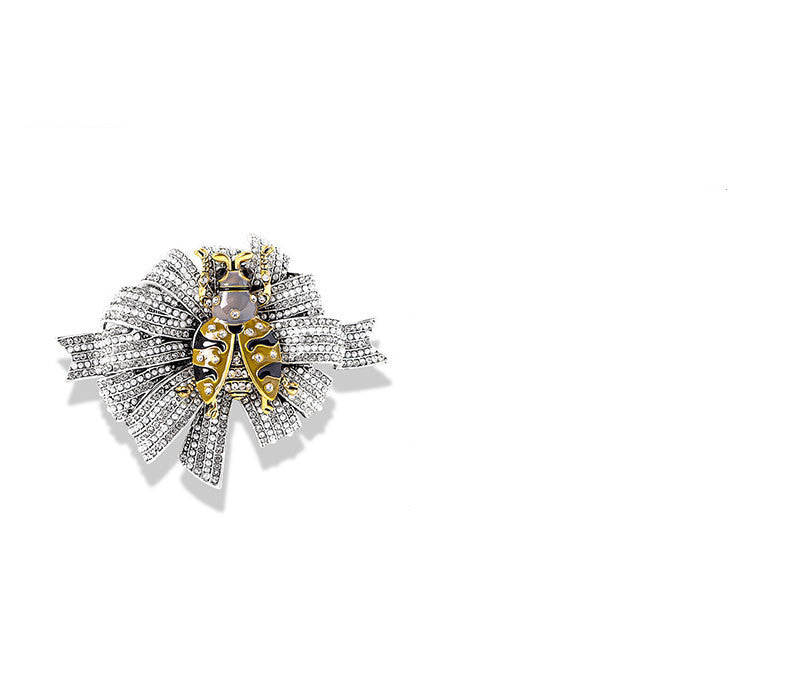 Vintage Ladybug Flower Brooch – Pearl & Diamond Accents in Antique Alloy