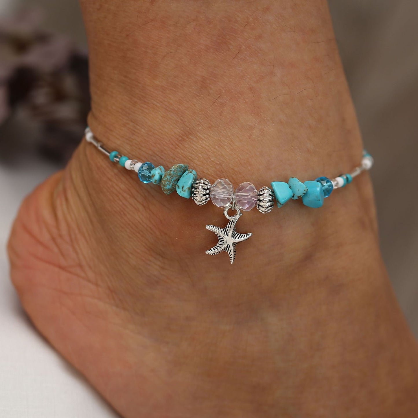 Starfish Pendant Anklet with Hand-Woven Rice Beads – White K Finish