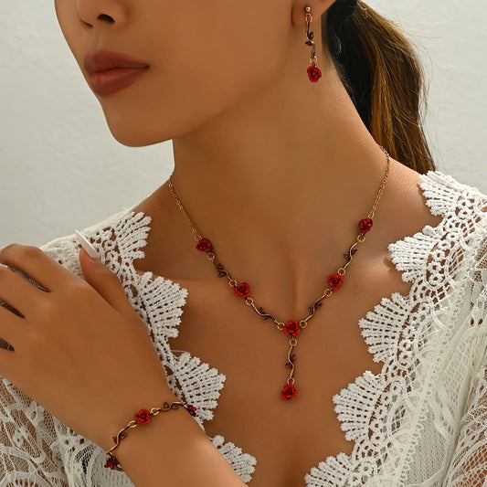 Romantic Red Rose Jewelry Set — Necklace, Bracelet & Earrings