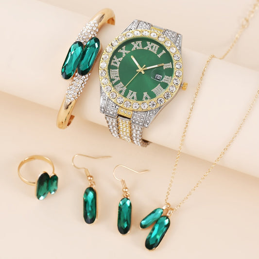Green Steel Belt Quartz Watch, Ring, Necklace, and Earrings, Suit