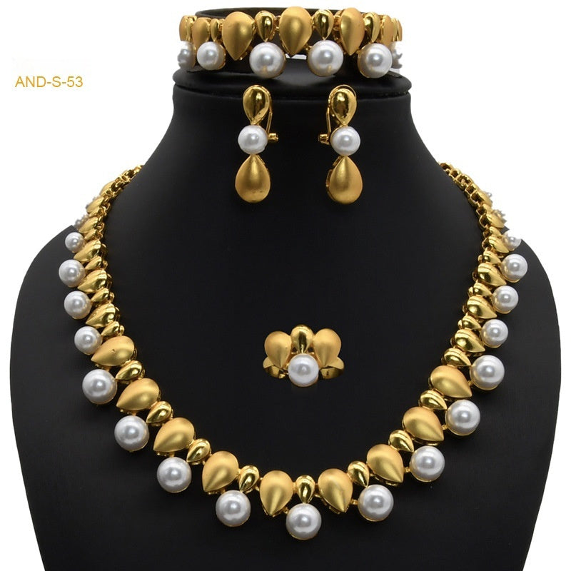 Zircon & Pearl Jewelry Set — Necklace, Ring, Earrings & Bracelet