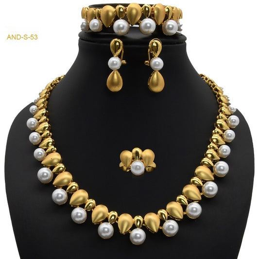 Zircon & Pearl Jewelry Set — Necklace, Ring, Earrings & Bracelet