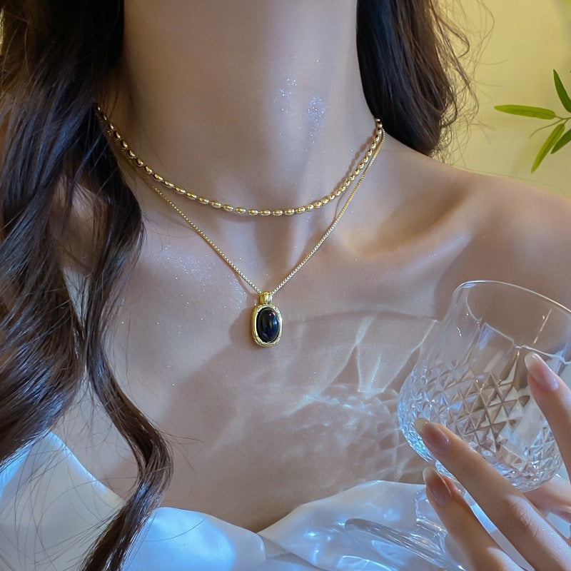 Double-Layer Elegant Black Bead & Metal Necklace