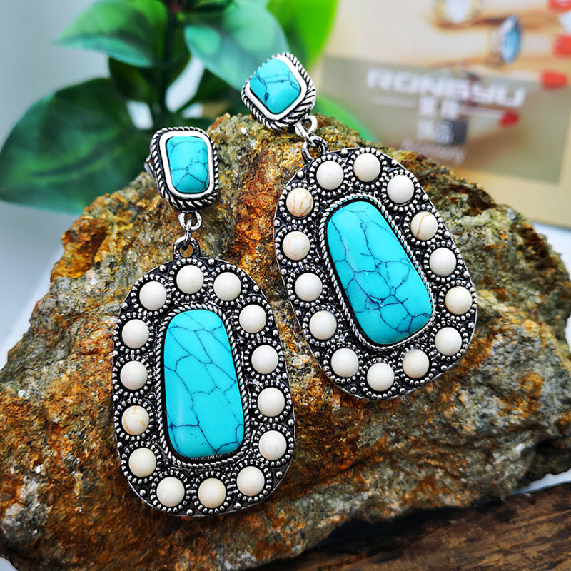 925 Antique Silver Turquoise Earrings with Natural Stone Inlay