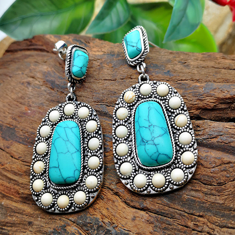 925 Antique Silver Turquoise Earrings with Natural Stone Inlay