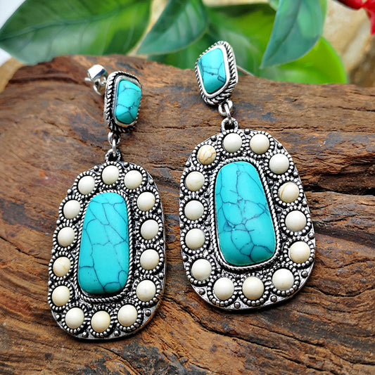 925 Antique Silver Turquoise Earrings with Natural Stone Inlay