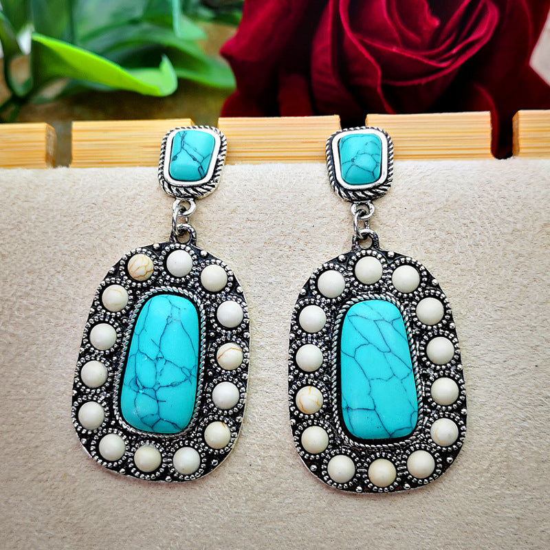 925 Antique Silver Turquoise Earrings with Natural Stone Inlay