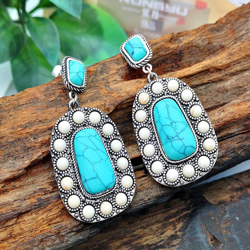 925 Antique Silver Turquoise Earrings with Natural Stone Inlay
